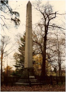 A 54-foot monument of Bedford limestone marks the spot of the Pigeon Roost settlement attacked by Native Americans in September 1812.  Photo credit: Collings/Collins family, http://coll7777.com/PigeonRoost.html
