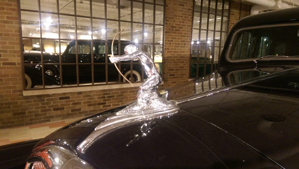 Caption: The Gallery of Classics on the top floor of the Auburn Cord Duesenberg Museum features this 1936 Pierce-Arrow with its helmeted archer hood ornament.